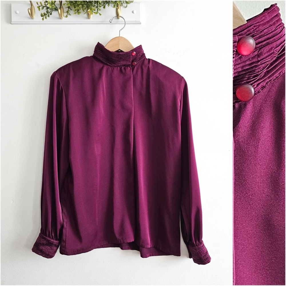 Pendleton Miss Sophisticates Burgundy Satin Blouse Pleated High Neck Vintage USA
